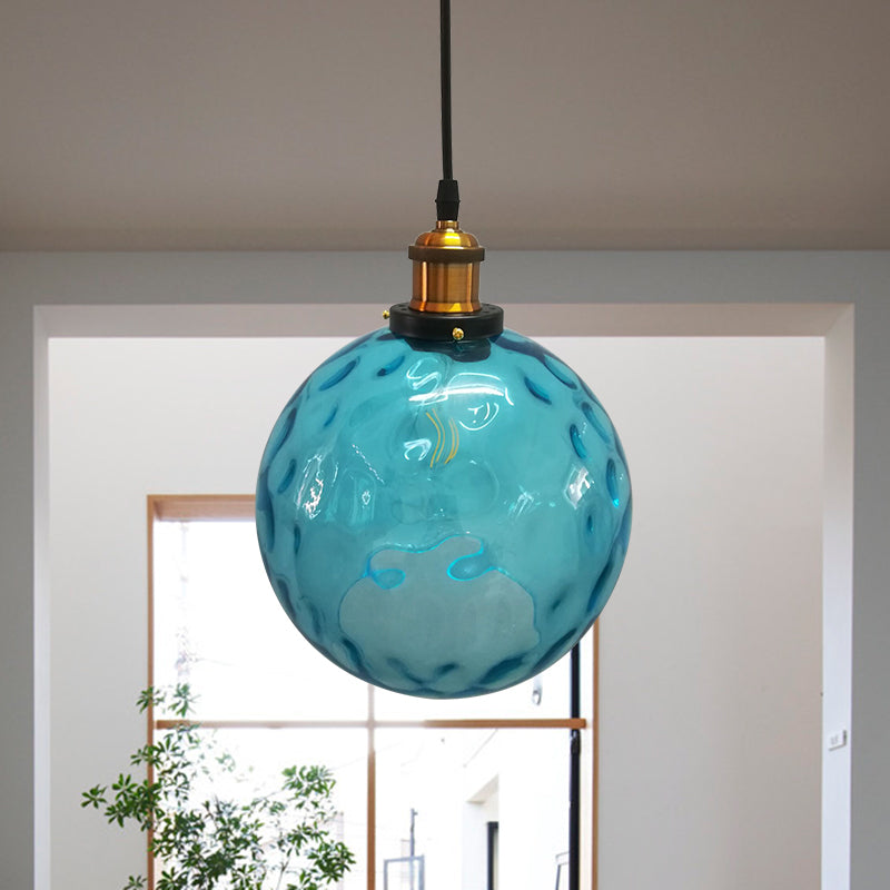 Globe Pendant Light Industrial 1 Light 8"/10"/12" Wide Dimpled Glass Hanging Lamp in Blue Clearhalo 'Ceiling Lights' 'Industrial Pendants' 'Industrial' 'Middle Century Pendants' 'Pendant Lights' 'Pendants' 'Tiffany' Lighting' 1932807