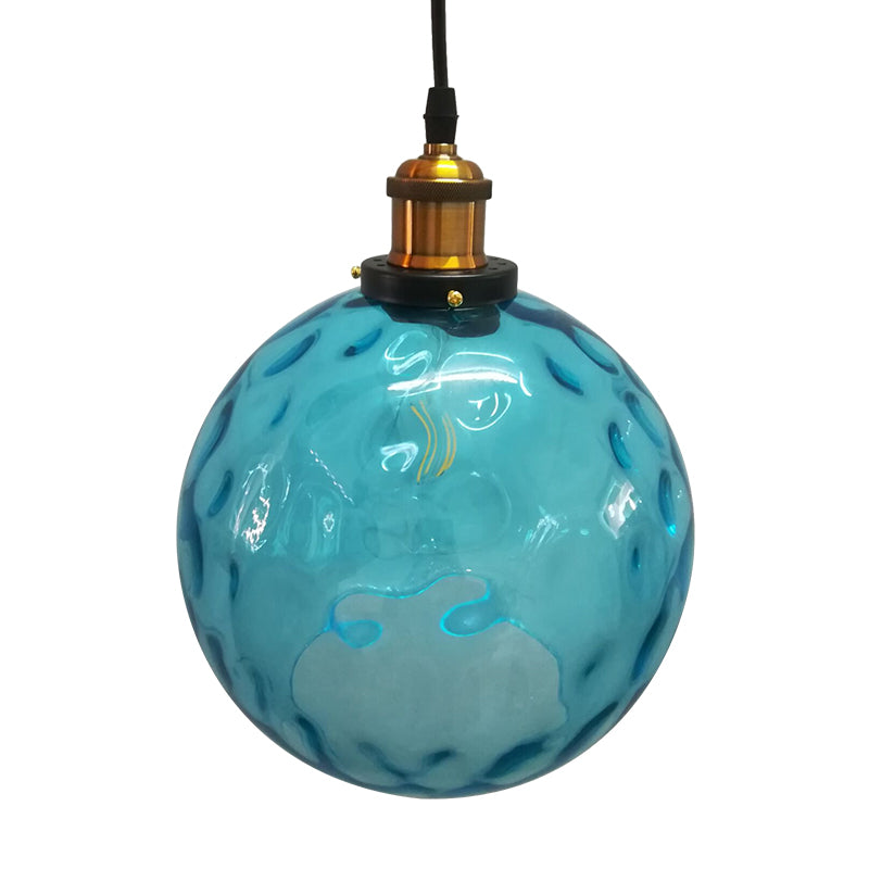 Globe Pendant Light Industrial 1 Light 8"/10"/12" Wide Dimpled Glass Hanging Lamp in Blue Clearhalo 'Ceiling Lights' 'Industrial Pendants' 'Industrial' 'Middle Century Pendants' 'Pendant Lights' 'Pendants' 'Tiffany' Lighting' 1932808
