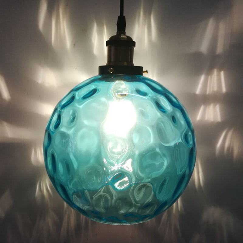 Globe Pendant Light Industrial 1 Light 8"/10"/12" Wide Dimpled Glass Hanging Lamp in Blue Clearhalo 'Ceiling Lights' 'Industrial Pendants' 'Industrial' 'Middle Century Pendants' 'Pendant Lights' 'Pendants' 'Tiffany' Lighting' 1932809