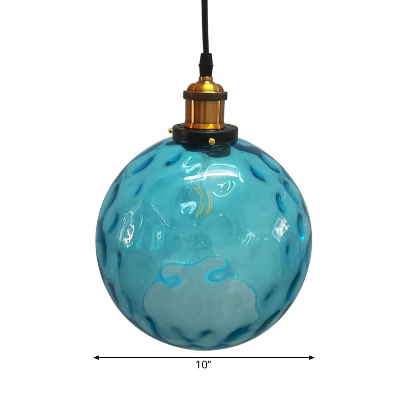 Globe Pendant Light Industrial 1 Light 8"/10"/12" Wide Dimpled Glass Hanging Lamp in Blue Clearhalo 'Ceiling Lights' 'Industrial Pendants' 'Industrial' 'Middle Century Pendants' 'Pendant Lights' 'Pendants' 'Tiffany' Lighting' 1932811