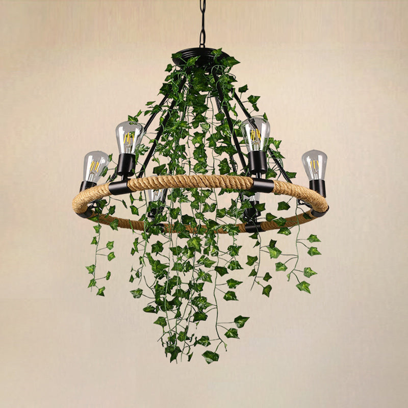 Manila Rope Green Chandelier Lamp Circle 6/8/14 Heads Antique Suspension Lighting Fixture with Vine Deco Clearhalo 'Cast Iron' 'Ceiling Lights' 'Chandeliers' 'Industrial Chandeliers' 'Industrial' 'Metal' 'Middle Century Chandeliers' 'Rustic Chandeliers' 'Tiffany' Lighting' 1932824