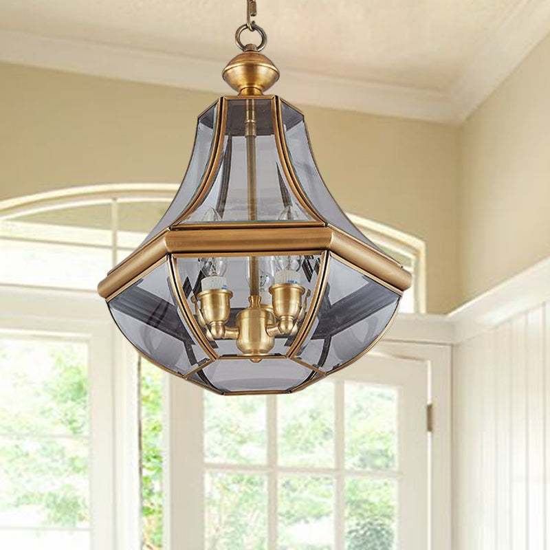 Gold 3 Heads Chandelier Lighting Colonialism Clear Glass Teardrop Pendant Ceiling Light for Foyer Gold Clearhalo 'Ceiling Lights' 'Chandeliers' 'Close To Ceiling Lights' 'Glass shade' 'Glass' Lighting' 1932829