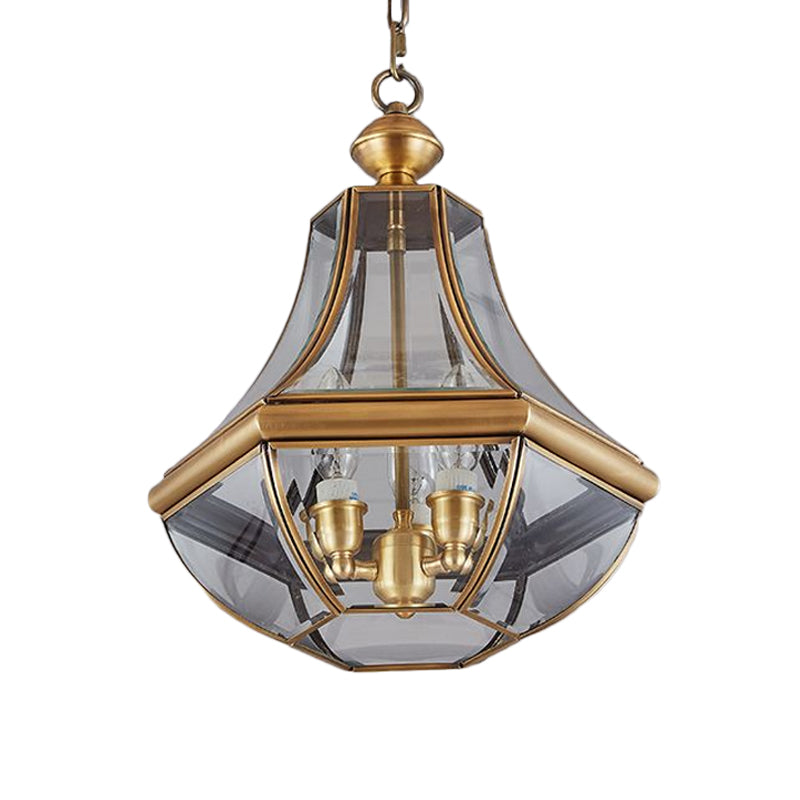 Gold 3 Heads Chandelier Lighting Colonialism Clear Glass Teardrop Pendant Ceiling Light for Foyer Clearhalo 'Ceiling Lights' 'Chandeliers' 'Close To Ceiling Lights' 'Glass shade' 'Glass' Lighting' 1932831