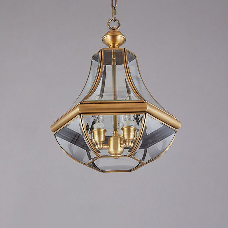 Gold 3 Heads Chandelier Lighting Colonialism Clear Glass Teardrop Pendant Ceiling Light for Foyer Clearhalo 'Ceiling Lights' 'Chandeliers' 'Close To Ceiling Lights' 'Glass shade' 'Glass' Lighting' 1932832