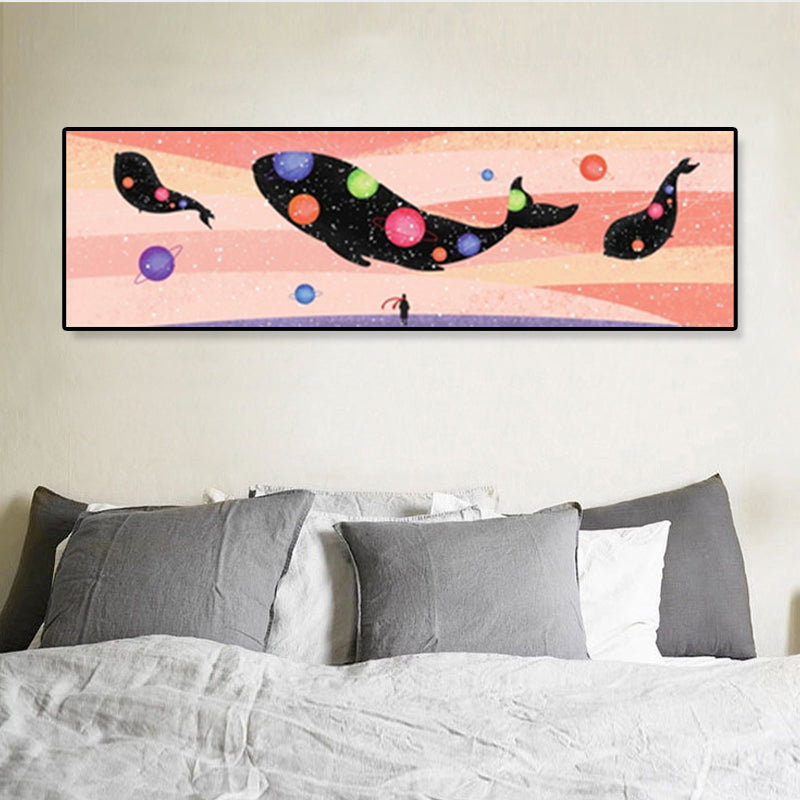 Fantasy Flying Whale Canvas Cartoon Textured Wall Art Print in Soft Color for Kids Room Pink Clearhalo 'Art Gallery' 'Canvas Art' 'Kids' Arts' 1933008