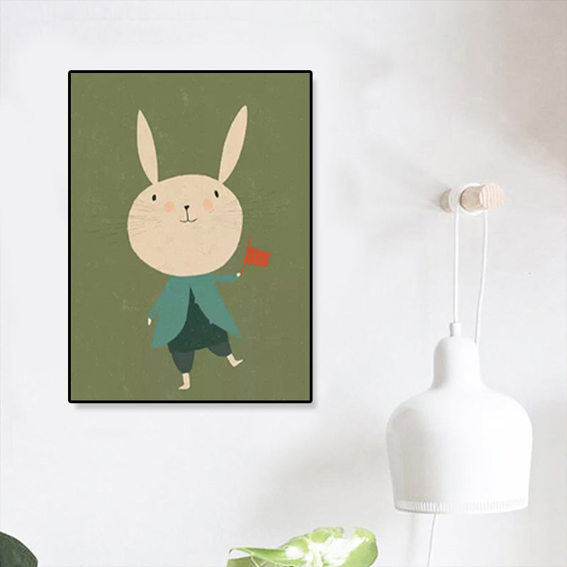 Cartoon Illustration Bunny Art Print Canvas Textured Pastel Wall Decor for Kids Room Green Clearhalo 'Art Gallery' 'Canvas Art' 'Kids' Arts' 1933366