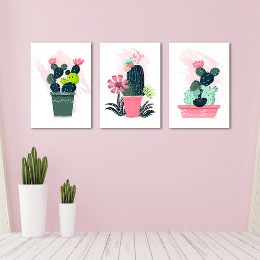 Cartoon Pot Cactus Canvas Pastel Color Textured Wall Art for Girls Bedroom Clearhalo 'Art Gallery' 'Canvas Art' 'Kids' Arts' 1933474
