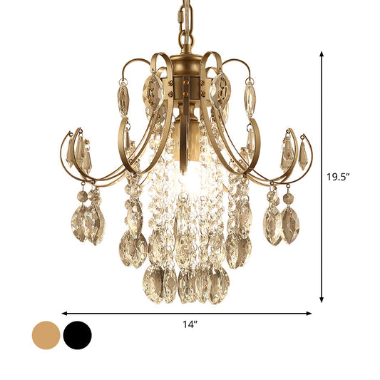 Bent Arm Suspension Lighting Simplicity Crystal Strand 1 Head Black/Gold Finish Hanging Ceiling Light Clearhalo 'Ceiling Lights' 'Modern Pendants' 'Modern' 'Pendant Lights' 'Pendants' Lighting' 1933527