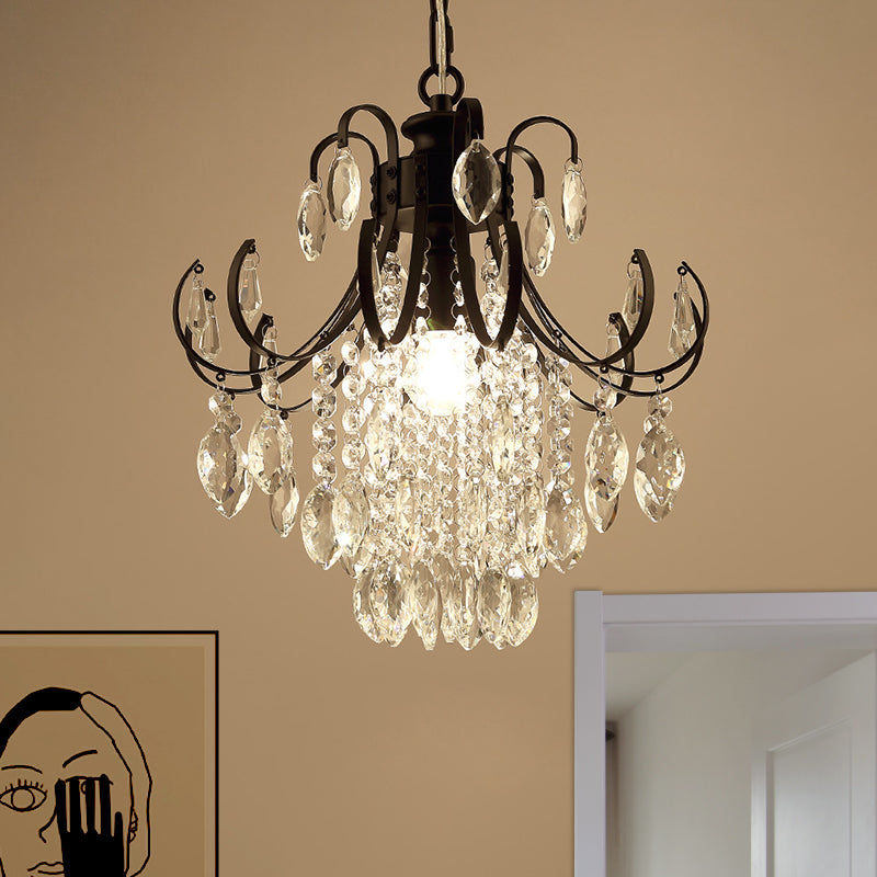 Bent Arm Suspension Lighting Simplicity Crystal Strand 1 Head Black/Gold Finish Hanging Ceiling Light Black Clearhalo 'Ceiling Lights' 'Modern Pendants' 'Modern' 'Pendant Lights' 'Pendants' Lighting' 1933528