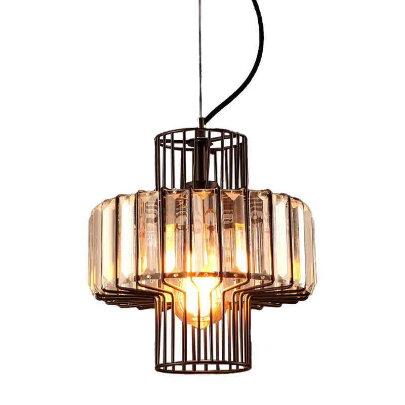 10"/12.5" Wide Minimalist Lantern Crystal Block Suspension Lighting 1 Head Ceiling Pendant in Black with Metal Cage Clearhalo 'Ceiling Lights' 'Modern Pendants' 'Modern' 'Pendant Lights' 'Pendants' Lighting' 1933532