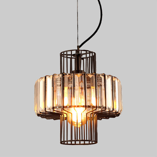 10"/12.5" Wide Minimalist Lantern Crystal Block Suspension Lighting 1 Head Ceiling Pendant in Black with Metal Cage Clearhalo 'Ceiling Lights' 'Modern Pendants' 'Modern' 'Pendant Lights' 'Pendants' Lighting' 1933533