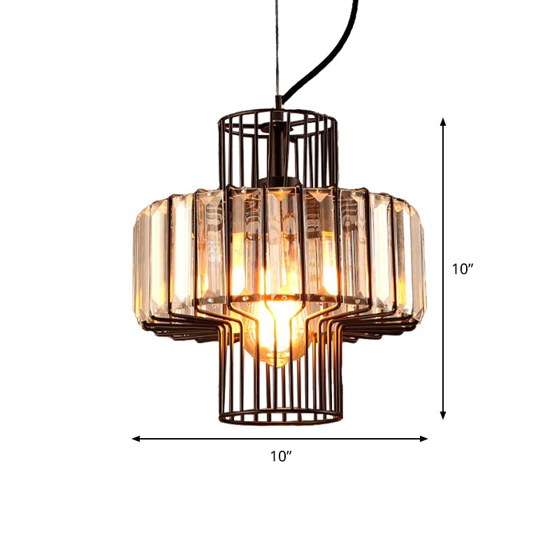 10"/12.5" Wide Minimalist Lantern Crystal Block Suspension Lighting 1 Head Ceiling Pendant in Black with Metal Cage Clearhalo 'Ceiling Lights' 'Modern Pendants' 'Modern' 'Pendant Lights' 'Pendants' Lighting' 1933534