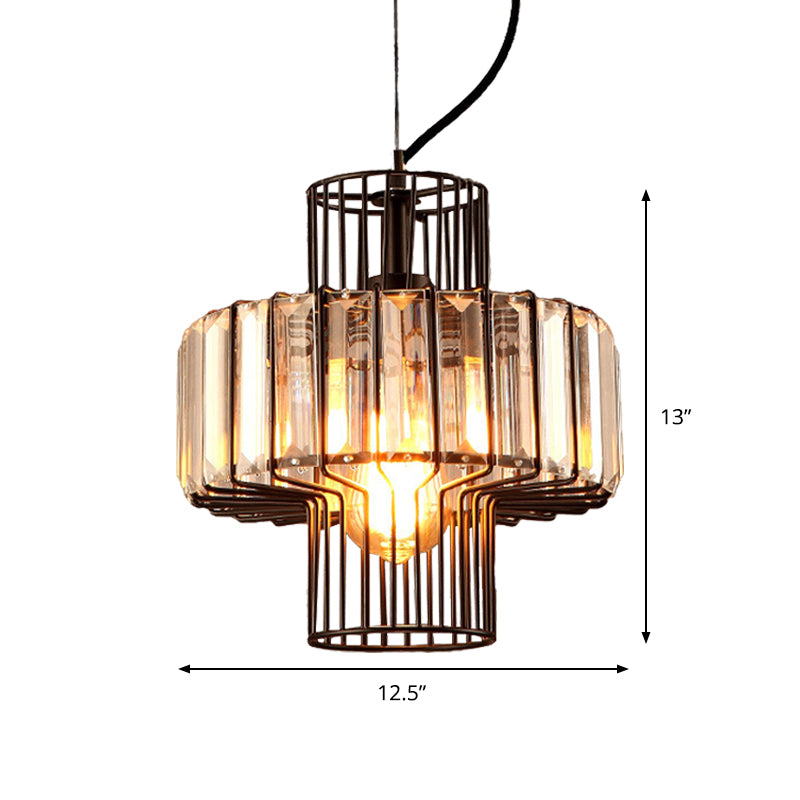 10"/12.5" Wide Minimalist Lantern Crystal Block Suspension Lighting 1 Head Ceiling Pendant in Black with Metal Cage Clearhalo 'Ceiling Lights' 'Modern Pendants' 'Modern' 'Pendant Lights' 'Pendants' Lighting' 1933535