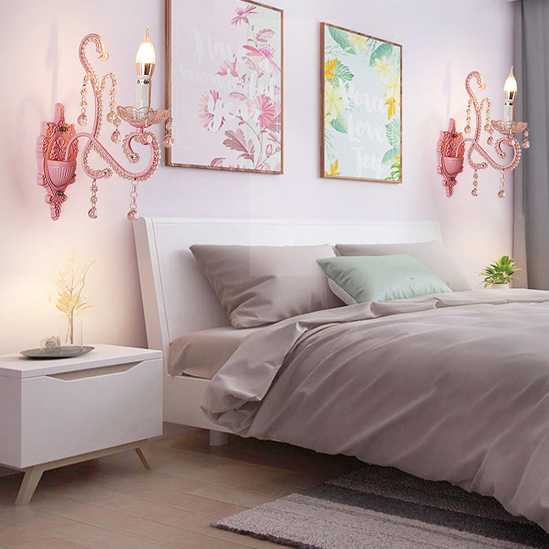 Metallic Scroll Arm Wall Lamp Modernist 1/2 Lights Wall Light with Crystal Orb Deco in Pink Clearhalo 'Modern wall lights' 'Modern' 'Wall Lamps & Sconces' 'Wall Lights' Lighting' 1933567
