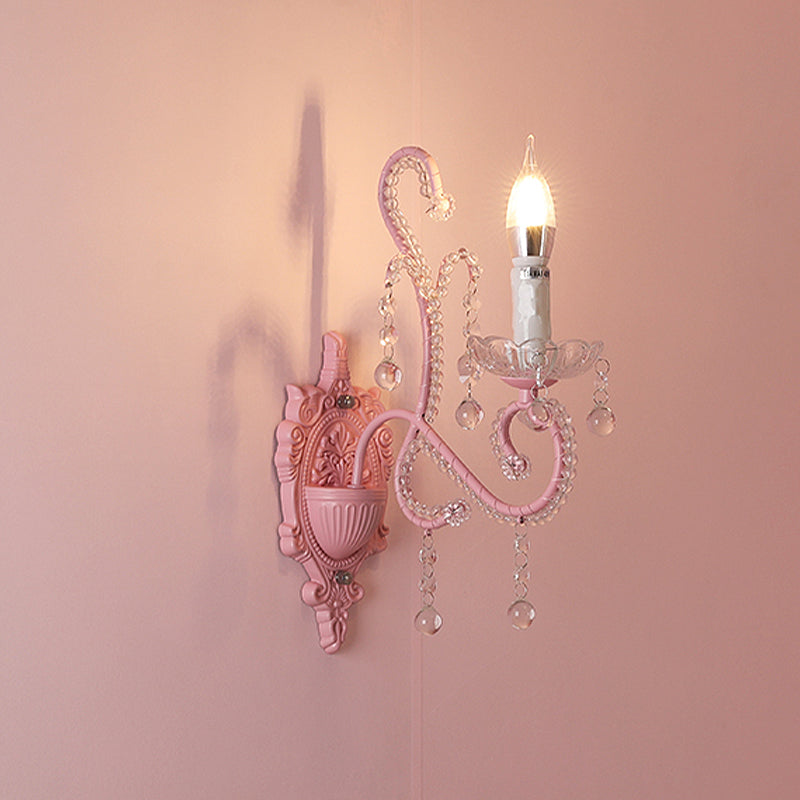 Metallic Scroll Arm Wall Lamp Modernist 1/2 Lights Wall Light with Crystal Orb Deco in Pink Clearhalo 'Modern wall lights' 'Modern' 'Wall Lamps & Sconces' 'Wall Lights' Lighting' 1933570