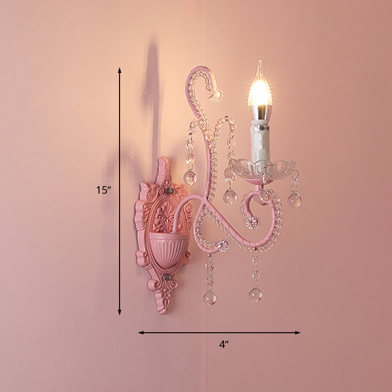 Metallic Scroll Arm Wall Lamp Modernist 1/2 Lights Wall Light with Crystal Orb Deco in Pink Clearhalo 'Modern wall lights' 'Modern' 'Wall Lamps & Sconces' 'Wall Lights' Lighting' 1933571