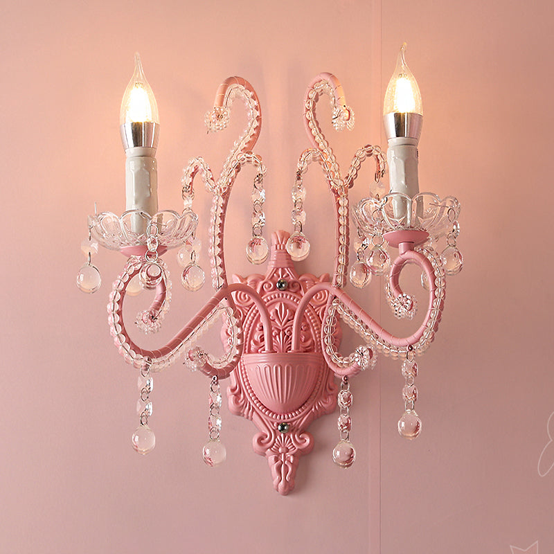 Metallic Scroll Arm Wall Lamp Modernist 1/2 Lights Wall Light with Crystal Orb Deco in Pink 2.0 Pink Clearhalo 'Modern wall lights' 'Modern' 'Wall Lamps & Sconces' 'Wall Lights' Lighting' 1933573