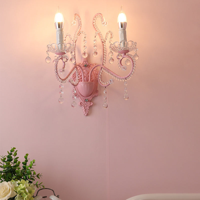 Metallic Scroll Arm Wall Lamp Modernist 1/2 Lights Wall Light with Crystal Orb Deco in Pink Clearhalo 'Modern wall lights' 'Modern' 'Wall Lamps & Sconces' 'Wall Lights' Lighting' 1933574