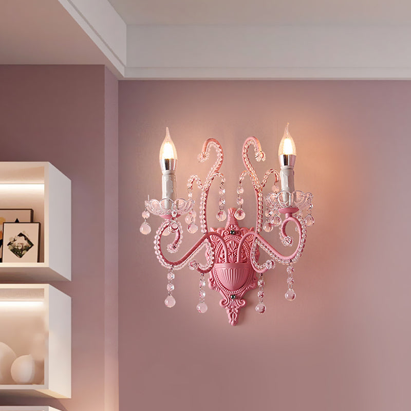 Metallic Scroll Arm Wall Lamp Modernist 1/2 Lights Wall Light with Crystal Orb Deco in Pink Clearhalo 'Modern wall lights' 'Modern' 'Wall Lamps & Sconces' 'Wall Lights' Lighting' 1933575