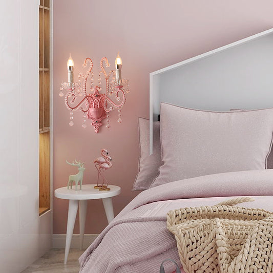 Metallic Scroll Arm Wall Lamp Modernist 1/2 Lights Wall Light with Crystal Orb Deco in Pink Clearhalo 'Modern wall lights' 'Modern' 'Wall Lamps & Sconces' 'Wall Lights' Lighting' 1933576