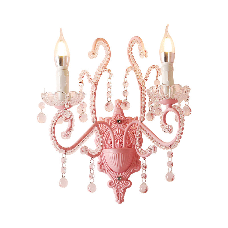 Metallic Scroll Arm Wall Lamp Modernist 1/2 Lights Wall Light with Crystal Orb Deco in Pink Clearhalo 'Modern wall lights' 'Modern' 'Wall Lamps & Sconces' 'Wall Lights' Lighting' 1933577
