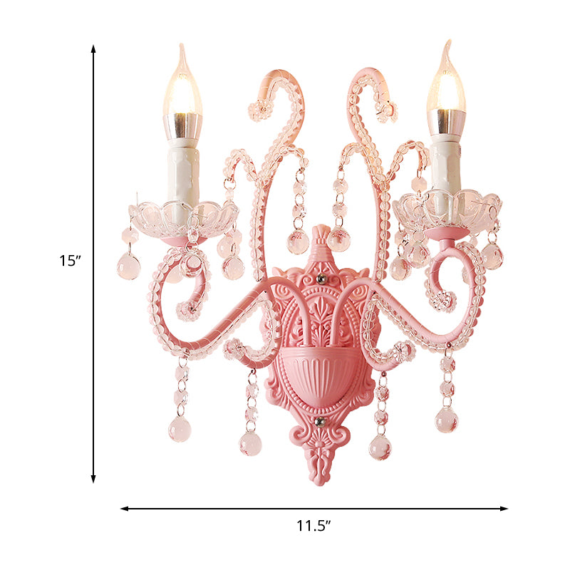 Metallic Scroll Arm Wall Lamp Modernist 1/2 Lights Wall Light with Crystal Orb Deco in Pink Clearhalo 'Modern wall lights' 'Modern' 'Wall Lamps & Sconces' 'Wall Lights' Lighting' 1933578