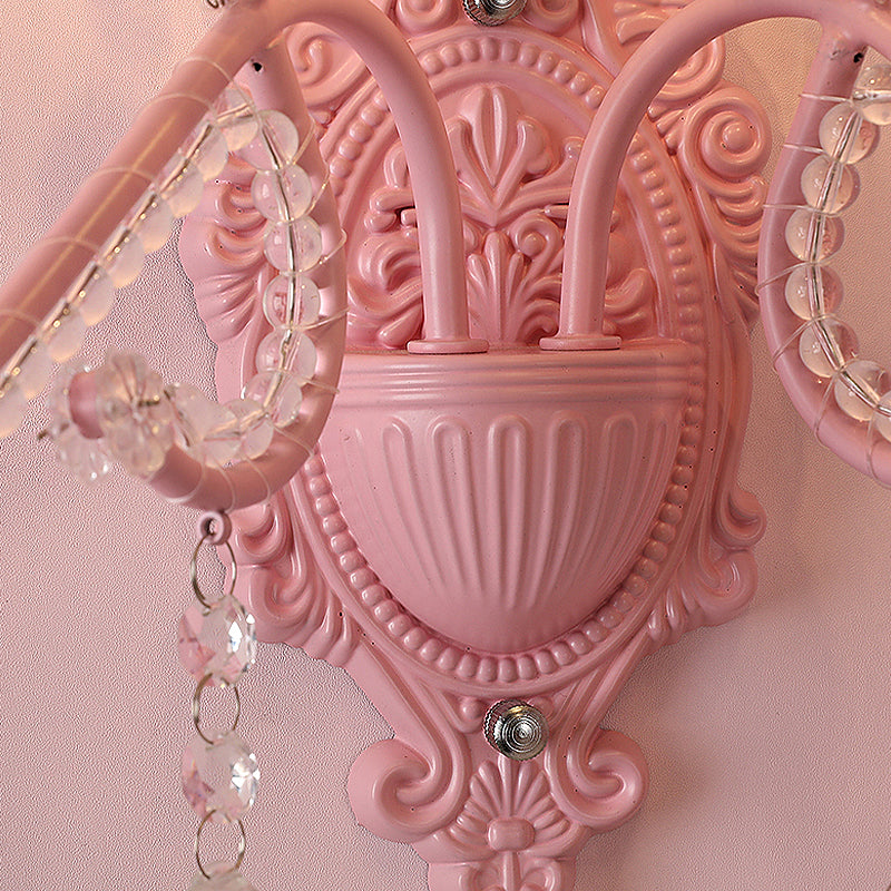 Metallic Scroll Arm Wall Lamp Modernist 1/2 Lights Wall Light with Crystal Orb Deco in Pink Clearhalo 'Modern wall lights' 'Modern' 'Wall Lamps & Sconces' 'Wall Lights' Lighting' 1933579