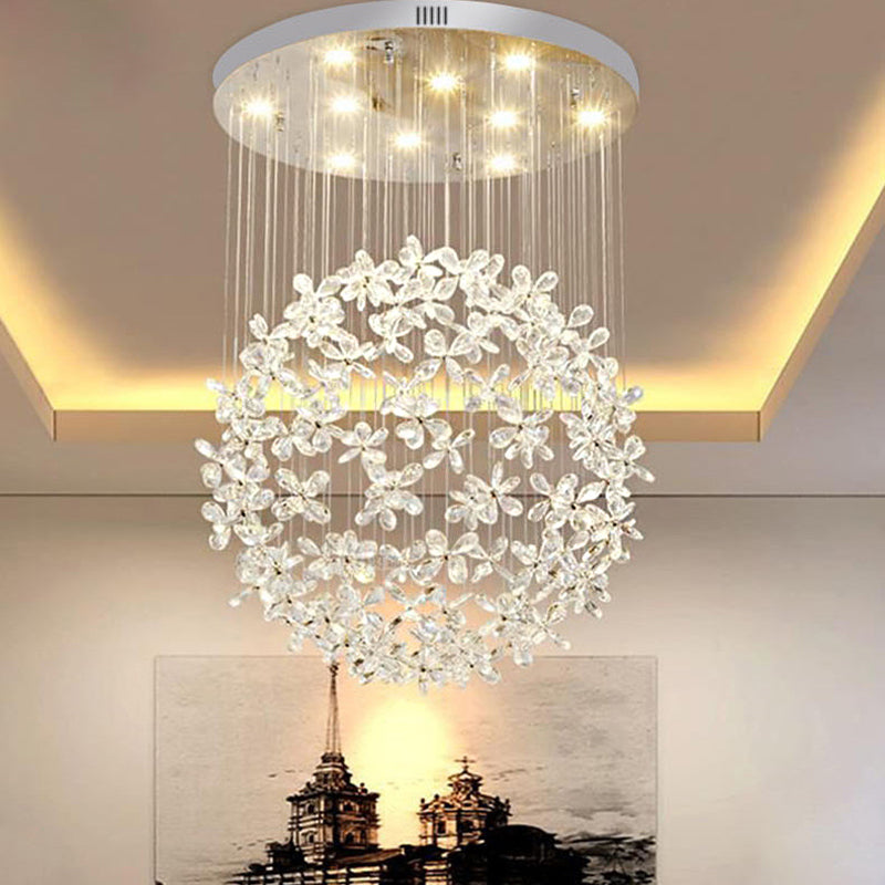 Sphere Ceiling Mounted Fixture Modernism Clear Crystal 16"/19.5" W 9 Lights Dining Room Flush Light in Nickel Nickel Clearhalo 'Ceiling Lights' 'Close To Ceiling Lights' 'Close to ceiling' 'Flush mount' Lighting' 1933601