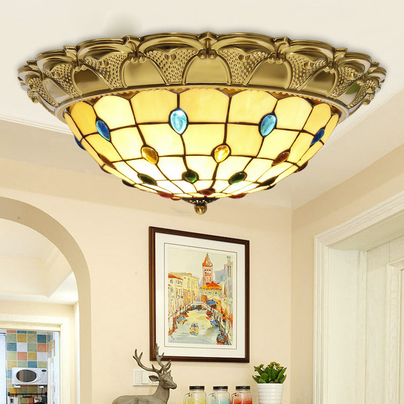 Lattice Bowl Flushmount LED Stained Glass Tiffany Style Beaded Patterned Ceiling Fixture in Brass, 15"/16"/19.5" Wide Clearhalo 'Ceiling Lights' 'Close To Ceiling Lights' 'Close to ceiling' 'Flush mount' Lighting' 1933612