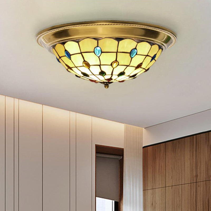 Lattice Bowl Flushmount LED Stained Glass Tiffany Style Beaded Patterned Ceiling Fixture in Brass, 15"/16"/19.5" Wide Brass Clearhalo 'Ceiling Lights' 'Close To Ceiling Lights' 'Close to ceiling' 'Flush mount' Lighting' 1933613