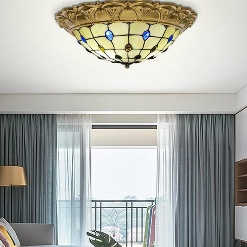 Lattice Bowl Flushmount LED Stained Glass Tiffany Style Beaded Patterned Ceiling Fixture in Brass, 15"/16"/19.5" Wide Clearhalo 'Ceiling Lights' 'Close To Ceiling Lights' 'Close to ceiling' 'Flush mount' Lighting' 1933614