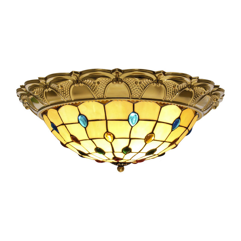 Lattice Bowl Flushmount LED Stained Glass Tiffany Style Beaded Patterned Ceiling Fixture in Brass, 15"/16"/19.5" Wide Clearhalo 'Ceiling Lights' 'Close To Ceiling Lights' 'Close to ceiling' 'Flush mount' Lighting' 1933615