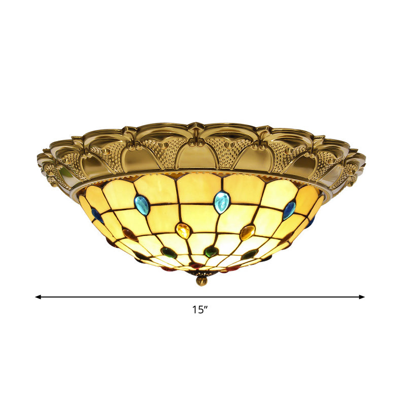 Lattice Bowl Flushmount LED Stained Glass Tiffany Style Beaded Patterned Ceiling Fixture in Brass, 15"/16"/19.5" Wide Clearhalo 'Ceiling Lights' 'Close To Ceiling Lights' 'Close to ceiling' 'Flush mount' Lighting' 1933616