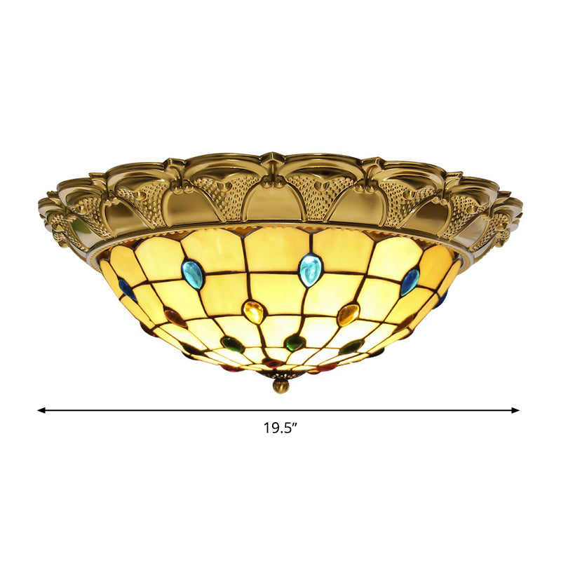 Lattice Bowl Flushmount LED Stained Glass Tiffany Style Beaded Patterned Ceiling Fixture in Brass, 15"/16"/19.5" Wide Clearhalo 'Ceiling Lights' 'Close To Ceiling Lights' 'Close to ceiling' 'Flush mount' Lighting' 1933617