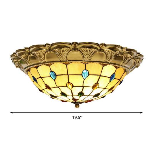 Lattice Bowl Flushmount LED Stained Glass Tiffany Style Beaded Patterned Ceiling Fixture in Brass, 15"/16"/19.5" Wide Clearhalo 'Ceiling Lights' 'Close To Ceiling Lights' 'Close to ceiling' 'Flush mount' Lighting' 1933617