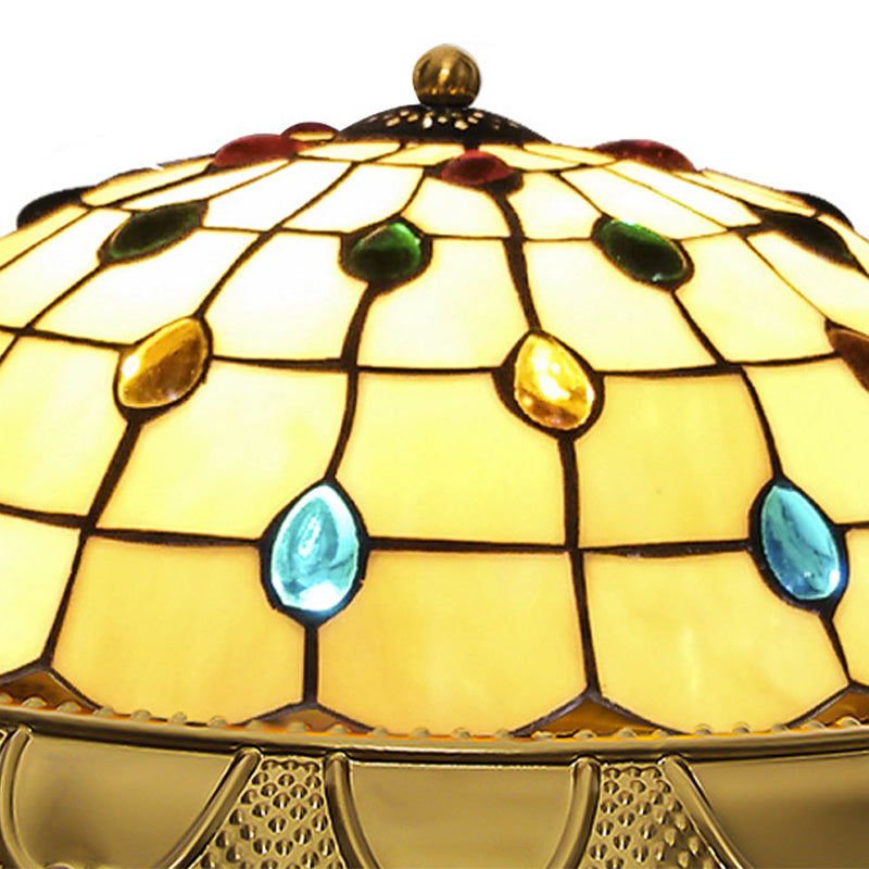 Lattice Bowl Flushmount LED Stained Glass Tiffany Style Beaded Patterned Ceiling Fixture in Brass, 15"/16"/19.5" Wide Clearhalo 'Ceiling Lights' 'Close To Ceiling Lights' 'Close to ceiling' 'Flush mount' Lighting' 1933618