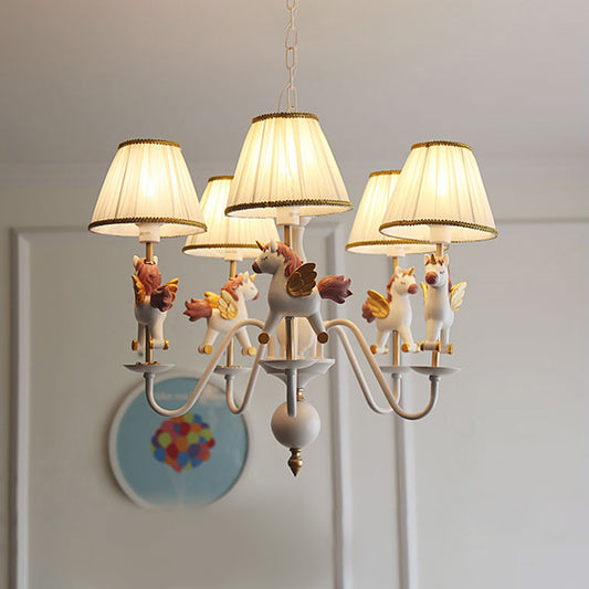 Kids White Pendant Light Unicorn 5 Bulbs Metal Chandelier with Fabric Shade for Girls Bedroom Clearhalo 'Ceiling Lights' 'Chandeliers' Lighting' options 193369