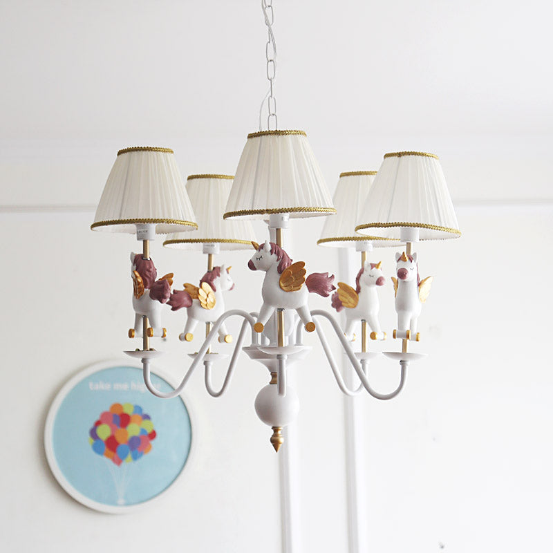 Kids White Pendant Light Unicorn 5 Bulbs Metal Chandelier with Fabric Shade for Girls Bedroom Clearhalo 'Ceiling Lights' 'Chandeliers' Lighting' options 193370