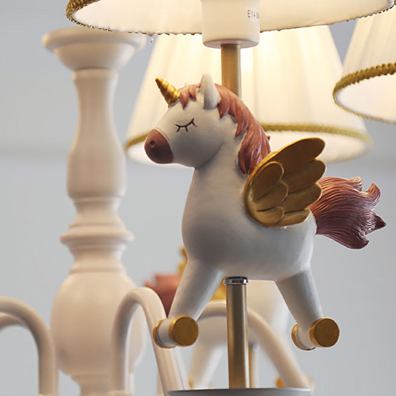 Kids White Pendant Light Unicorn 5 Bulbs Metal Chandelier with Fabric Shade for Girls Bedroom Clearhalo 'Ceiling Lights' 'Chandeliers' Lighting' options 193373