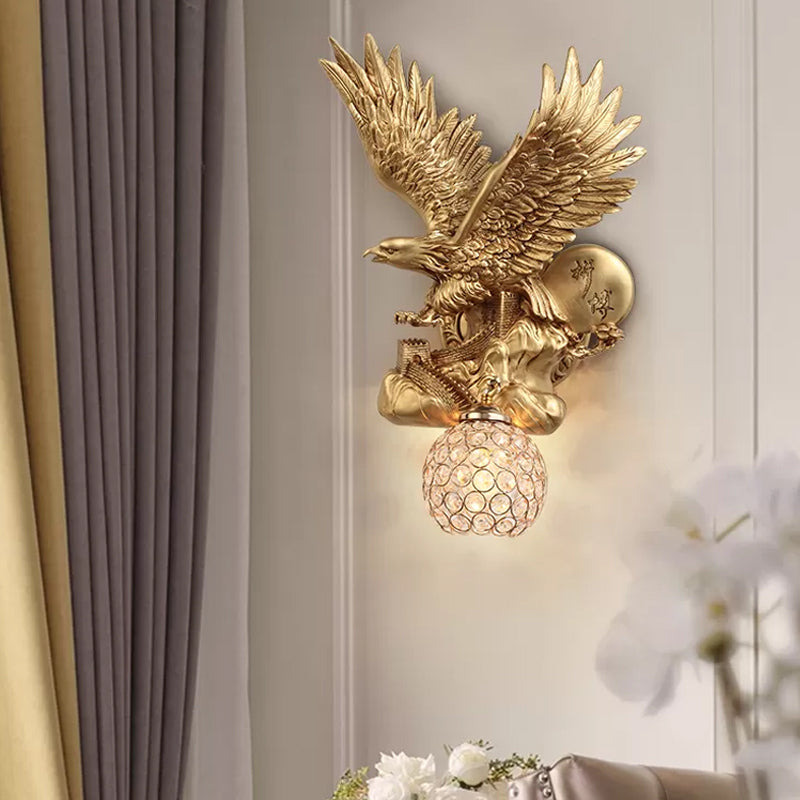 Eagle Living Room Wall Light Fixture Rustic Resin Single Head Gold Wall Sconce Lighting with Orb K9 Crystal Gold B Clearhalo 'Wall Lamps & Sconces' 'Wall Lights' Lighting' 1933819