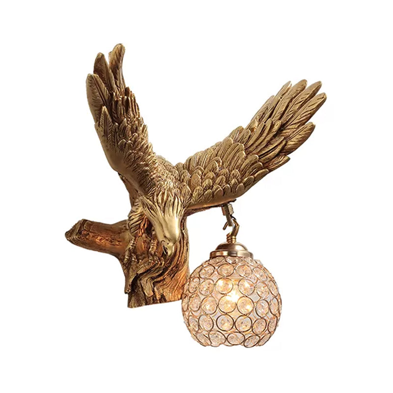 Eagle Living Room Wall Light Fixture Rustic Resin Single Head Gold Wall Sconce Lighting with Orb K9 Crystal Clearhalo 'Wall Lamps & Sconces' 'Wall Lights' Lighting' 1933822