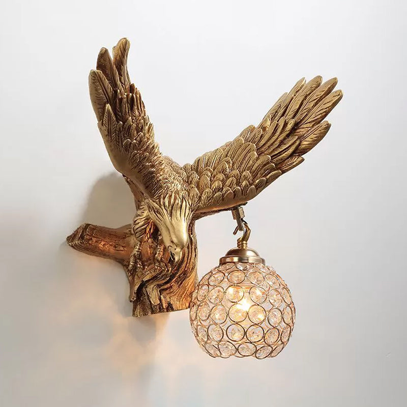 Eagle Living Room Wall Light Fixture Rustic Resin Single Head Gold Wall Sconce Lighting with Orb K9 Crystal Clearhalo 'Wall Lamps & Sconces' 'Wall Lights' Lighting' 1933823