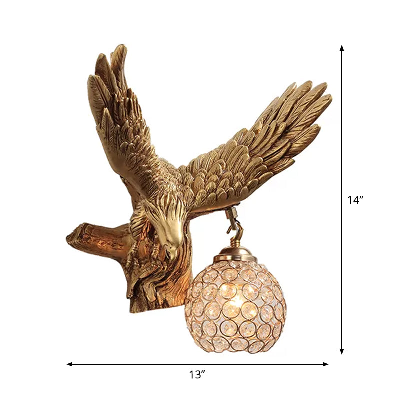 Eagle Living Room Wall Light Fixture Rustic Resin Single Head Gold Wall Sconce Lighting with Orb K9 Crystal Clearhalo 'Wall Lamps & Sconces' 'Wall Lights' Lighting' 1933824