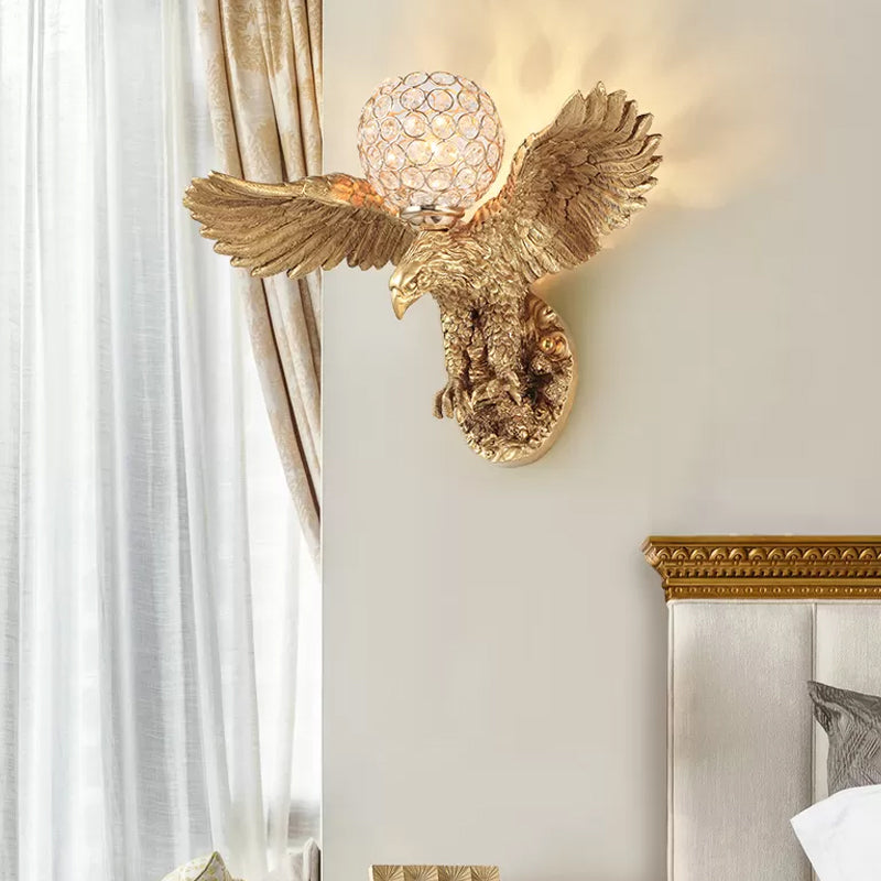 Eagle Living Room Wall Light Fixture Rustic Resin Single Head Gold Wall Sconce Lighting with Orb K9 Crystal Gold A Clearhalo 'Wall Lamps & Sconces' 'Wall Lights' Lighting' 1933825