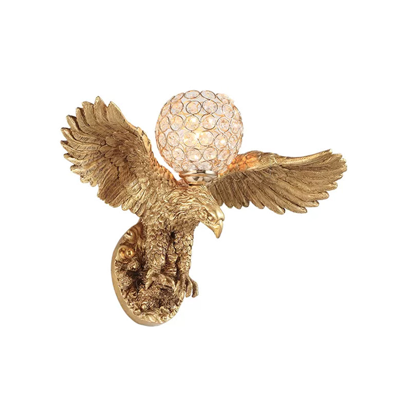 Eagle Living Room Wall Light Fixture Rustic Resin Single Head Gold Wall Sconce Lighting with Orb K9 Crystal Clearhalo 'Wall Lamps & Sconces' 'Wall Lights' Lighting' 1933826