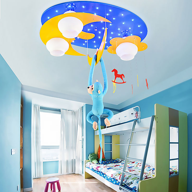 Metal Moon & Star Ceiling Light Child Bedroom Kids Lovely Flush Ceiling Light with Hanging Monkey Blue Clearhalo 'Ceiling Lights' 'Close To Ceiling Lights' 'Close to ceiling' 'Flush mount' Lighting' 193385