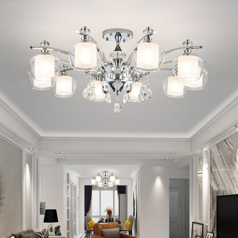 Clear Glass Global Down Lighting Simple 6-Light Chrome Chandelier Lamp with Crystal Strands Deco Chrome Clearhalo 'Ceiling Lights' 'Chandeliers' 'Modern Chandeliers' 'Modern' Lighting' 1933861