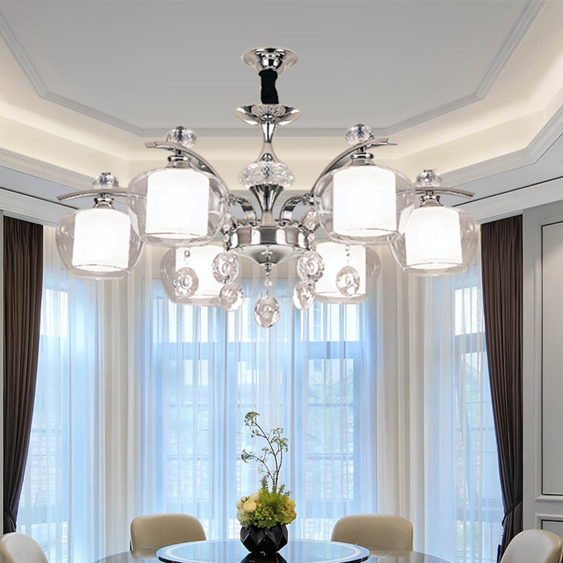 Clear Glass Global Down Lighting Simple 6-Light Chrome Chandelier Lamp with Crystal Strands Deco Clearhalo 'Ceiling Lights' 'Chandeliers' 'Modern Chandeliers' 'Modern' Lighting' 1933862