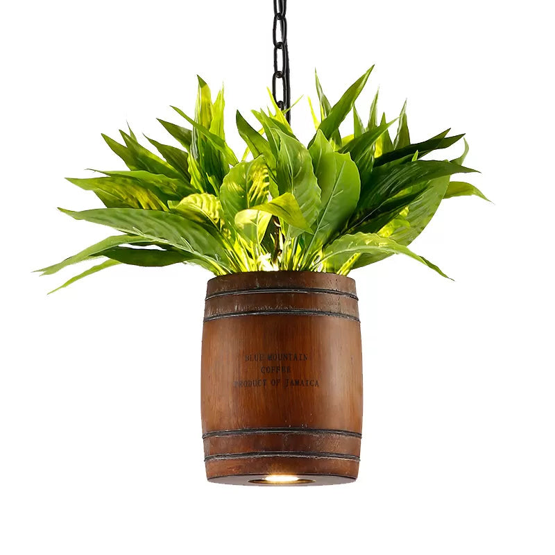 Bucket Wood Pendant Light Fixture Industrial 1 Head Dining Room Ceiling Lamp in Coffee with Plant Deco Clearhalo 'Ceiling Lights' 'Pendant Lights' 'Pendants' Lighting' 1933881