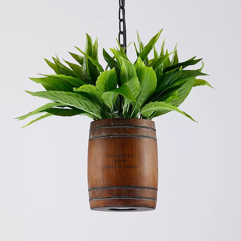 Bucket Wood Pendant Light Fixture Industrial 1 Head Dining Room Ceiling Lamp in Coffee with Plant Deco Clearhalo 'Ceiling Lights' 'Pendant Lights' 'Pendants' Lighting' 1933882